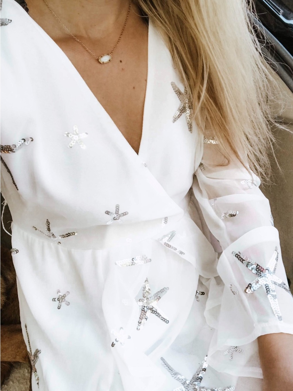 White Sheer Sequin Star Wrap Mini Dress